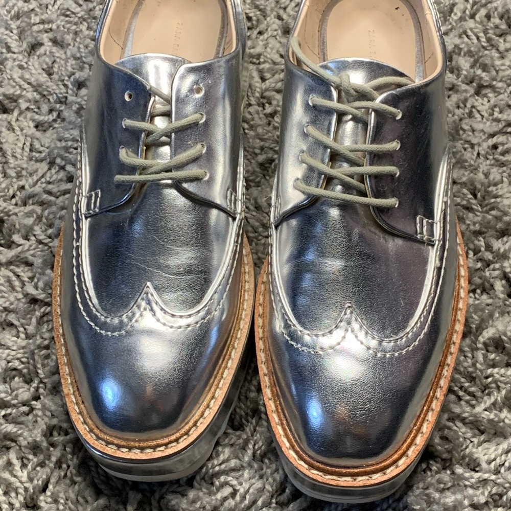 ZARA Metallic Silver Platform Loafer